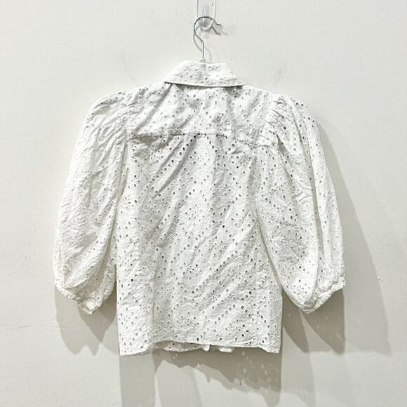 Zara Puff Sleeve Button-Front Shirt with Perforated Embroidery White Women's XS - Picture 2 of 4